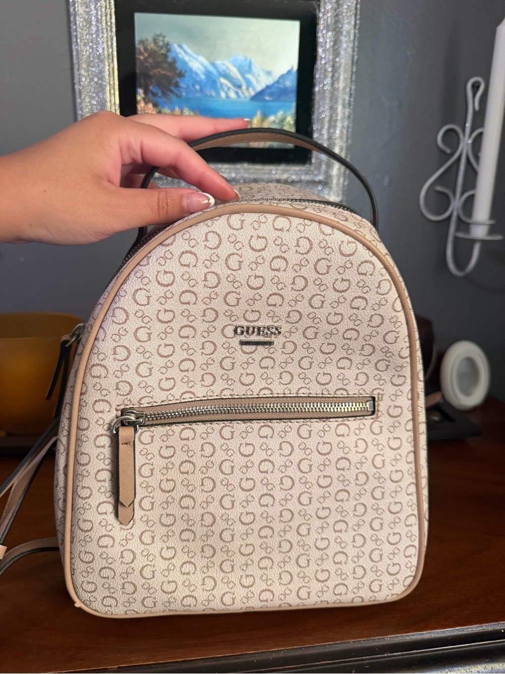 GUESS Beige Logo-Print Mini Backpack with Front Zip